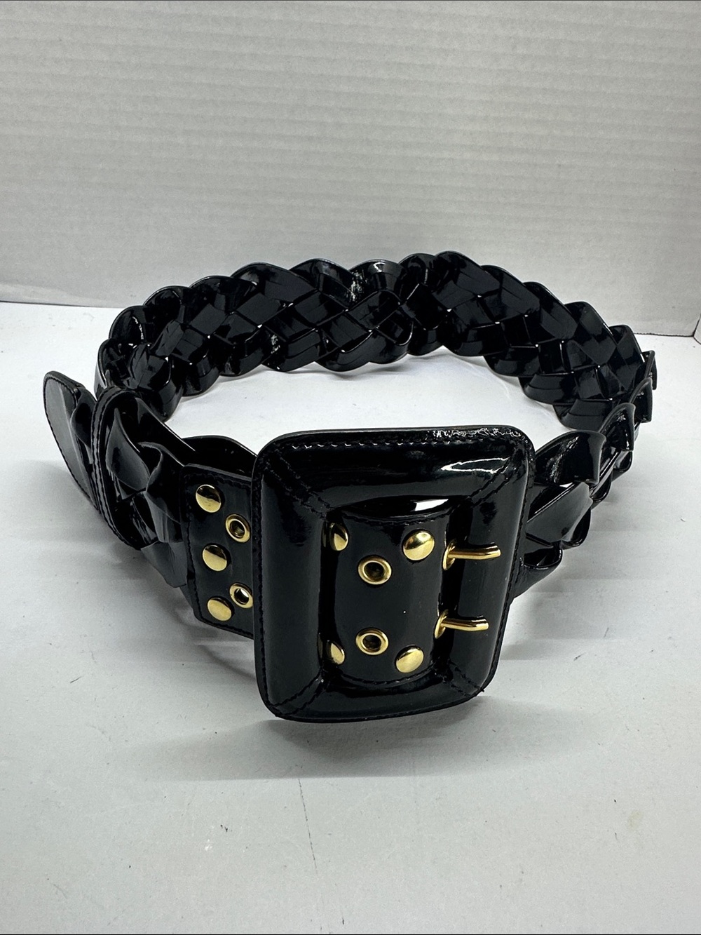 Be & D Black Patent Woven Belt with Gold Hardware Accents vintage